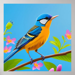 Affiche Oiseau Coloré sur Branche en Fleurs
