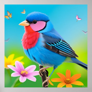 Affiche Oiseau Coloré sur Branche en Fleurs