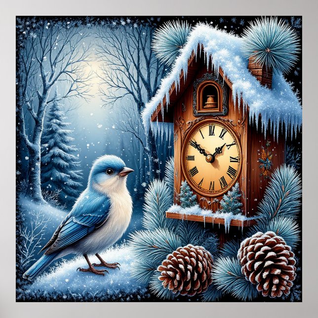 Affiche Oiseau, Cônes de Pin et Horloge en Bois (Devant)