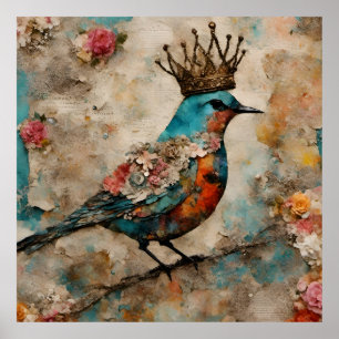 Affiche Oiseau dans un collage médiatique mixte de la Cour