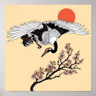 Affiche Oiseau de grue japonais et sakura en fleurs