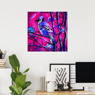 Affiche Oiseau de Jay Bleu sur branche d'arbre Art Abstrai