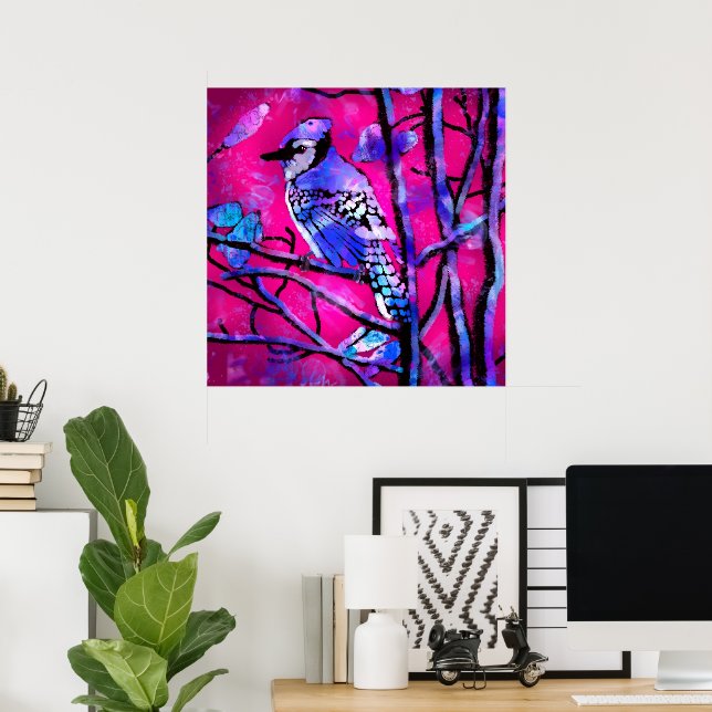 Affiche Oiseau de Jay Bleu sur branche d'arbre Art Abstrai (Bureau à domicile)