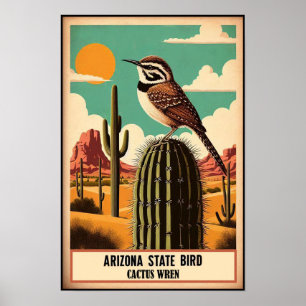 Affiche Oiseau de l'Arizona - Troglodyte des cactus Vintag
