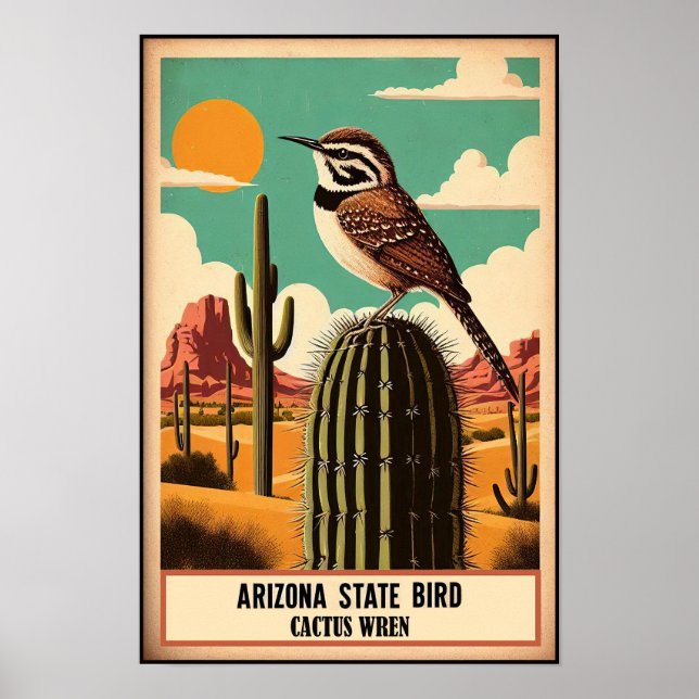Affiche Oiseau de l'Arizona - Troglodyte des cactus Vintag (Devant)