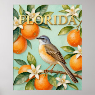 Affiche Oiseau de l'État de Floride et nature de fleur d'o