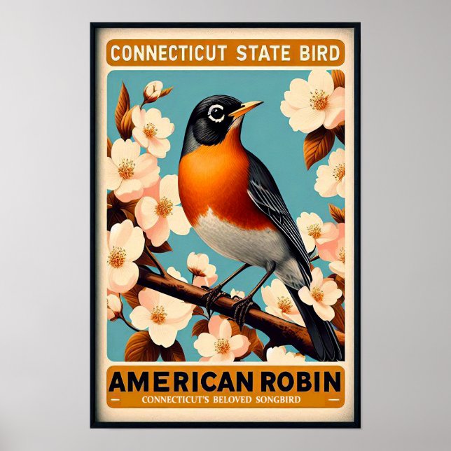 Affiche Oiseau de l'État du Connecticut - Merle d'Amérique (Devant)