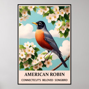 Affiche Oiseau de l'État du Connecticut - Merle d'Amérique