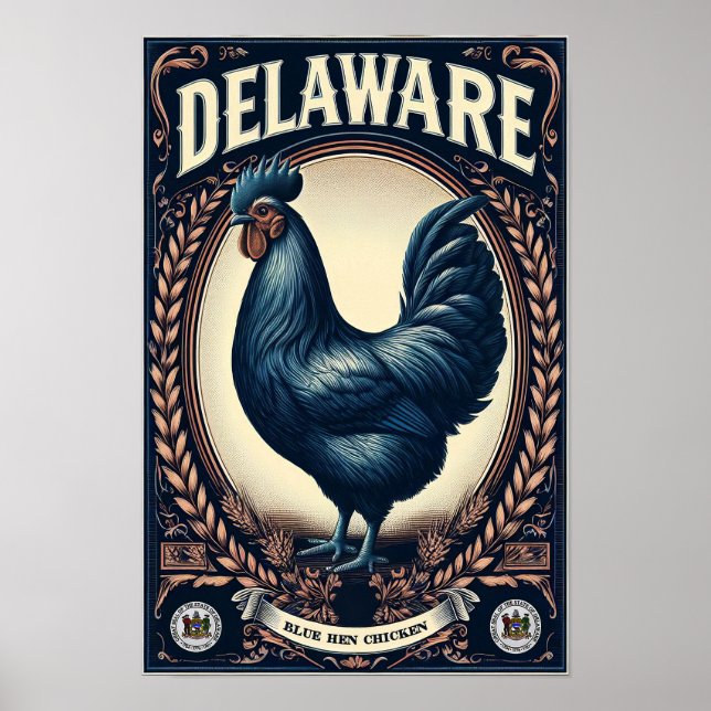Affiche Oiseau de l'État du Delaware - Poule Blue Hen Vint (Devant)