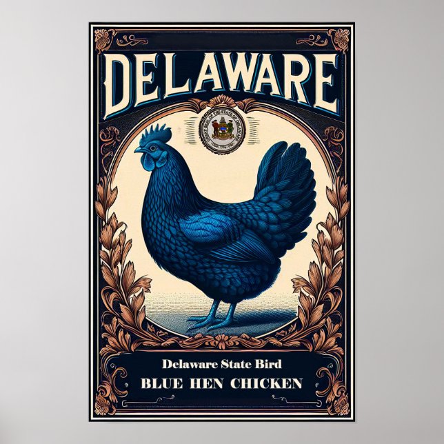 Affiche Oiseau de l'État du Delaware - Poule Blue Hen Vint (Devant)