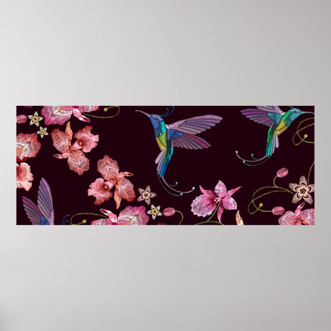 Affiche Oiseau de mer et orchidée fleurs tropicales exotiq (Devant)