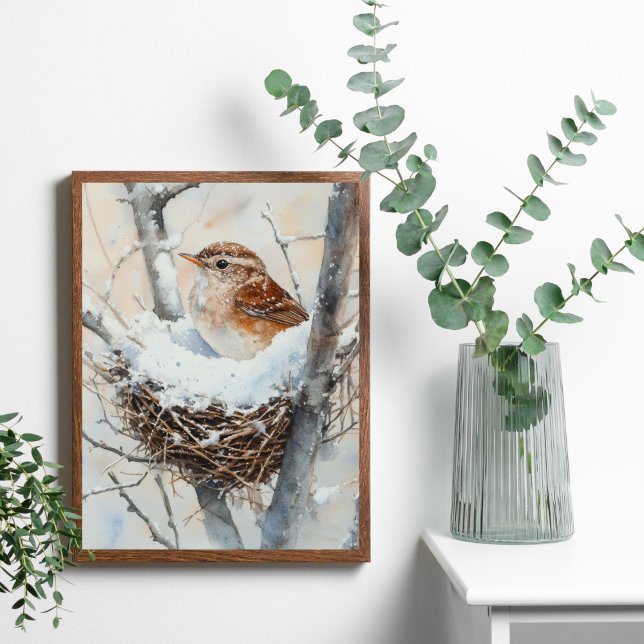 Affiche Oiseau de neige d'hiver dans un nid d'arbre aquare (Winter Bird, Wren Bird in Snowy Nest in Tree. Watercolor Wall Art poster print or digital)