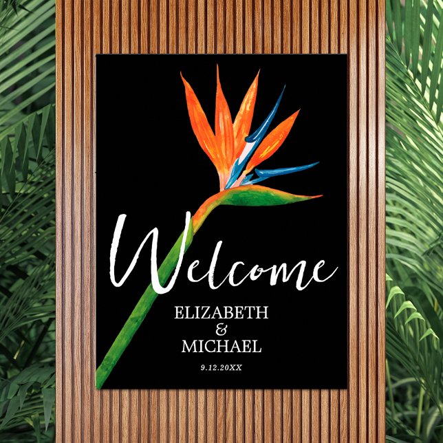 Affiche Oiseau de paradis sur Mariage noir Bienvenue (Tropical bird of paradise on black wedding welcome poster - INSTANT DOWNLOAD and/or PRINTED)