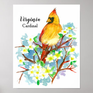 Affiche Oiseau d'État de Virginie Femme Cardinal Aquarelle
