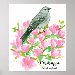 Affiche Oiseau d'État du Mississippi Mockingbird Aquarelle