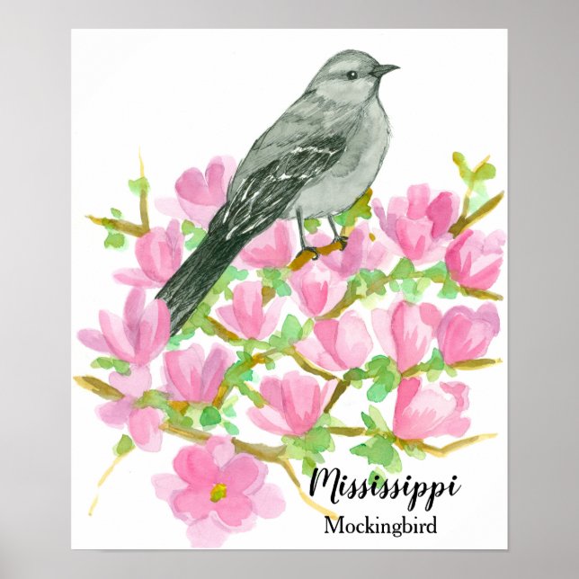 Affiche Oiseau d'État du Mississippi Mockingbird Aquarelle (Devant)