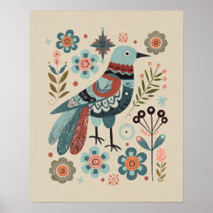 Affiche Oiseau en forêt - Cuckoo en Fleur Art populaire