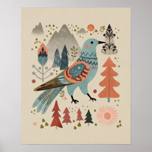 Affiche Oiseau en forêt - Cuckoo en Fleur Art populaire