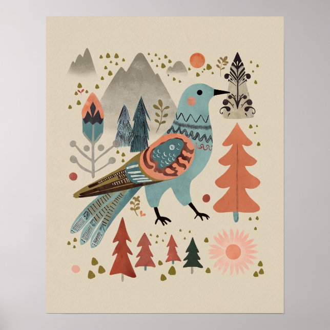Affiche Oiseau en forêt - Cuckoo en Fleur Art populaire (Devant)