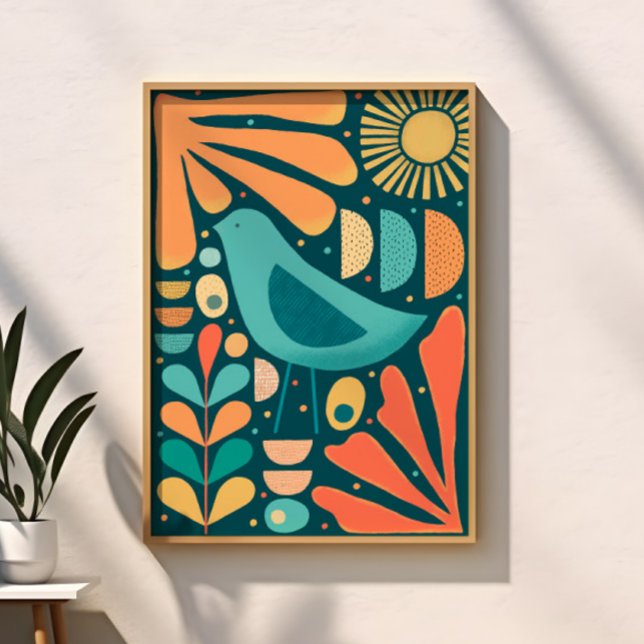 Affiche Oiseau et feuilles inspirés du milieu du siècle mo (Mid Century Modern Inspired Bird and Leaves Poster)