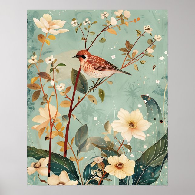 Affiche Oiseau et fleurs (Devant)