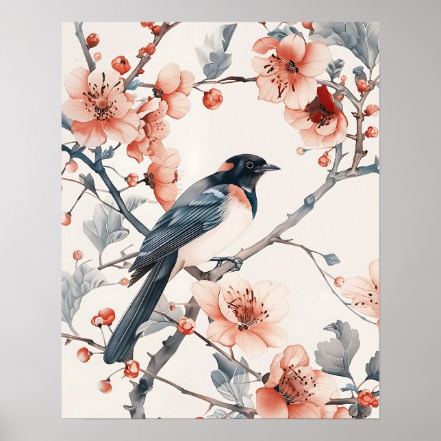 Affiche Oiseau et fleurs (Devant)