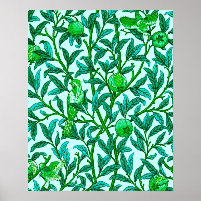 Affiche Oiseau et grenade Art Nouveau, Turquoise & Aqua (Devant)