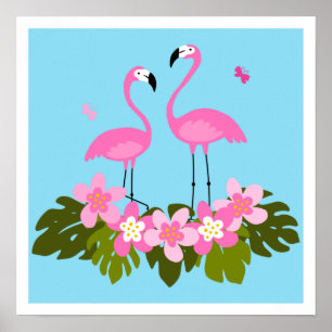 Affiche Oiseau exotique. Flamant rose et feuilles tropicau