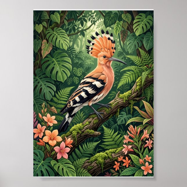 Affiche Oiseau huppe Branche tropicale Botanique Faune Fle (Devant)