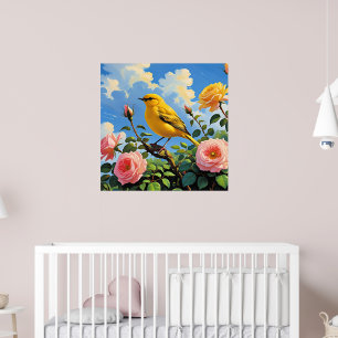Affiche Oiseau jaune coloré et jolies roses roses