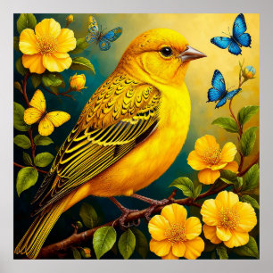 Affiche Oiseau jaune perché parmi les fleurs éclatantes