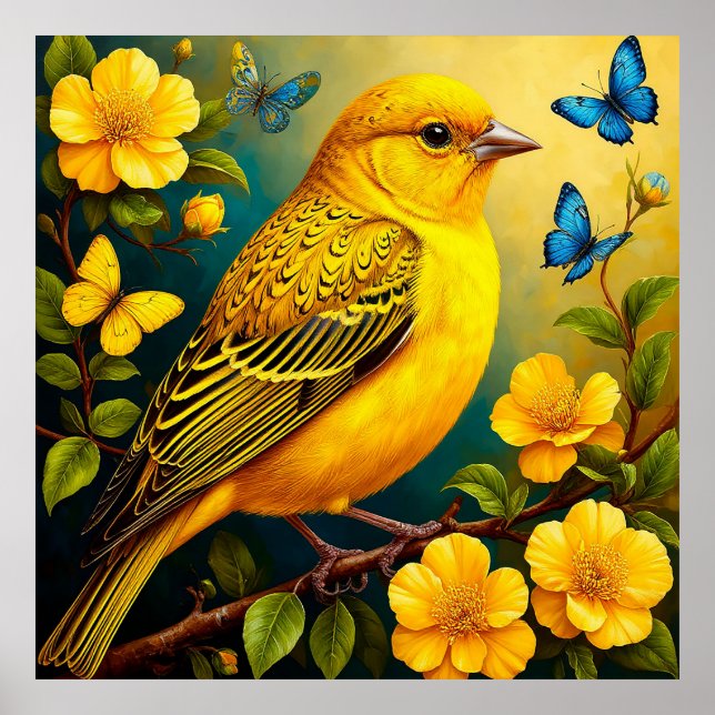 Affiche Oiseau Jaune Perché Parmi Les Fleurs Lumineuses (Devant)