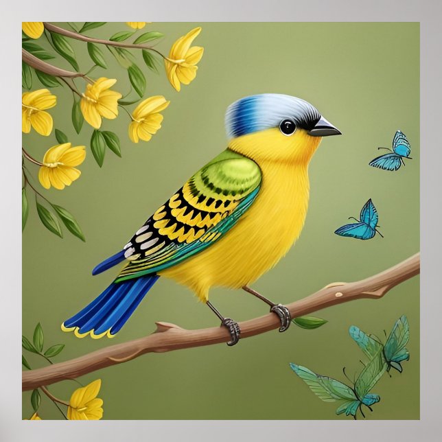 Affiche Oiseau jaune vibrant sur une branche (Devant)