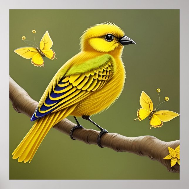 Affiche Oiseau jaune vibrant sur une branche (Devant)
