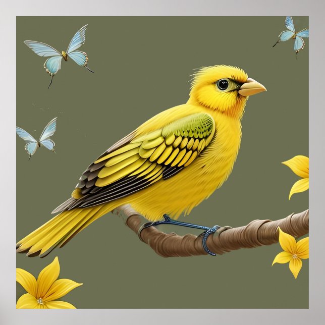 Affiche Oiseau jaune vibrant sur une branche (Devant)