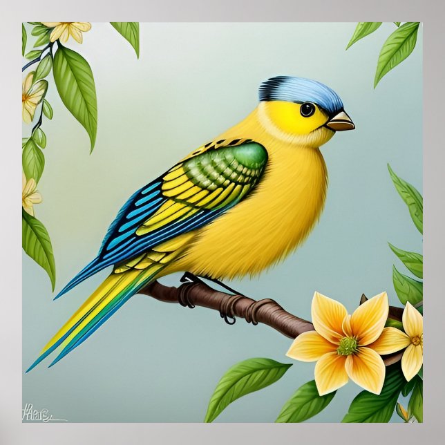 Affiche Oiseau jaune vibre sur la branche (Devant)