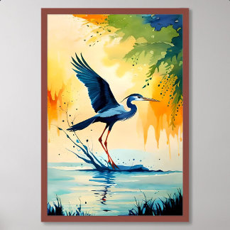 Affiche oiseau peindre tricolore heron attraper poisson da