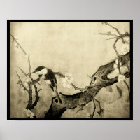 OISEAU PRINTANIER ET ARBRE FLEURI Brun Sépia