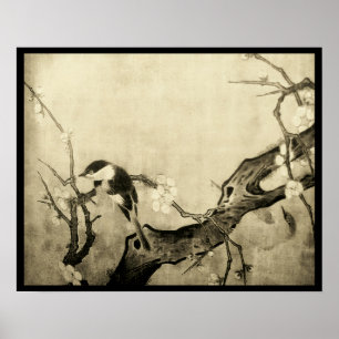 Affiche OISEAU PRINTANIER ET ARBRE FLEURI Brun Sépia