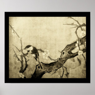 Affiche OISEAU PRINTANIER ET ARBRE FLEURI Brun Sépia