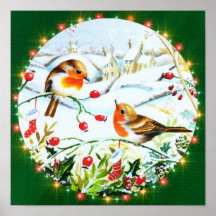 Affiche Oiseau Robin Couple Winter Holly Noël