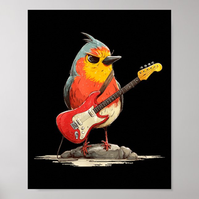Affiche Oiseau Robin Grincheux avec Guitare Électrique pou (Devant)