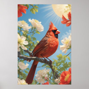 Affiche Oiseau rouge dans le soleil et les fleurs