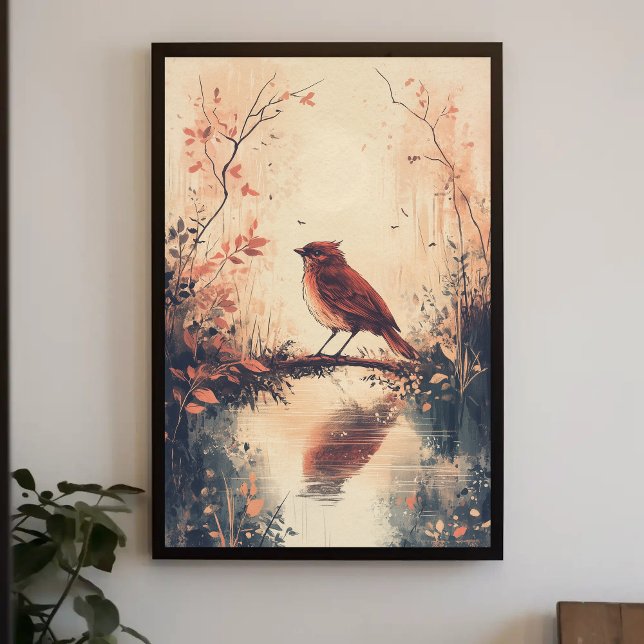 Affiche Oiseau rouge et eau Nature Animaux Aestheti (Créateur téléchargé)