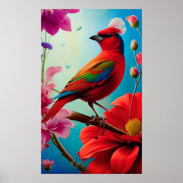 Affiche Oiseau rouge et fleurs (Devant)