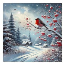Oiseau rouge et paysage hivernal
