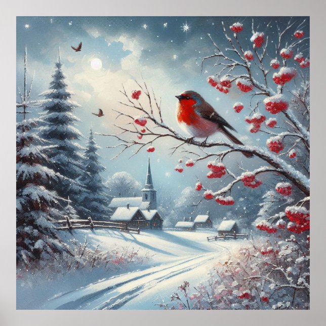 Affiche Oiseau rouge et paysage hivernal (Devant)