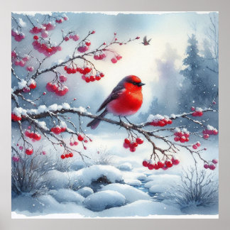 Affiche Oiseau rouge et paysage hivernal 13