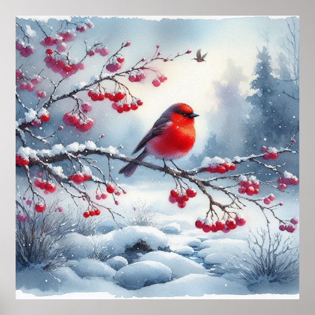 Affiche Oiseau rouge et paysage hivernal 13 (Devant)