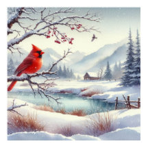 Oiseau rouge et paysage hivernal 3